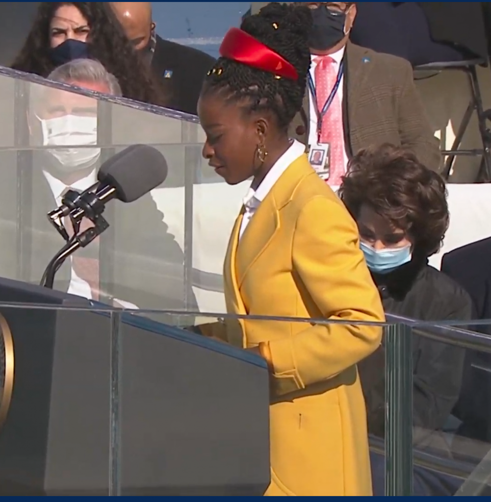 Amanda Gorman, Youth Poet Laureate of America reads her poem, The Hill We Climb at the inauguration of President Joseph Biden and Kamala Harris, 20 Jan 2021